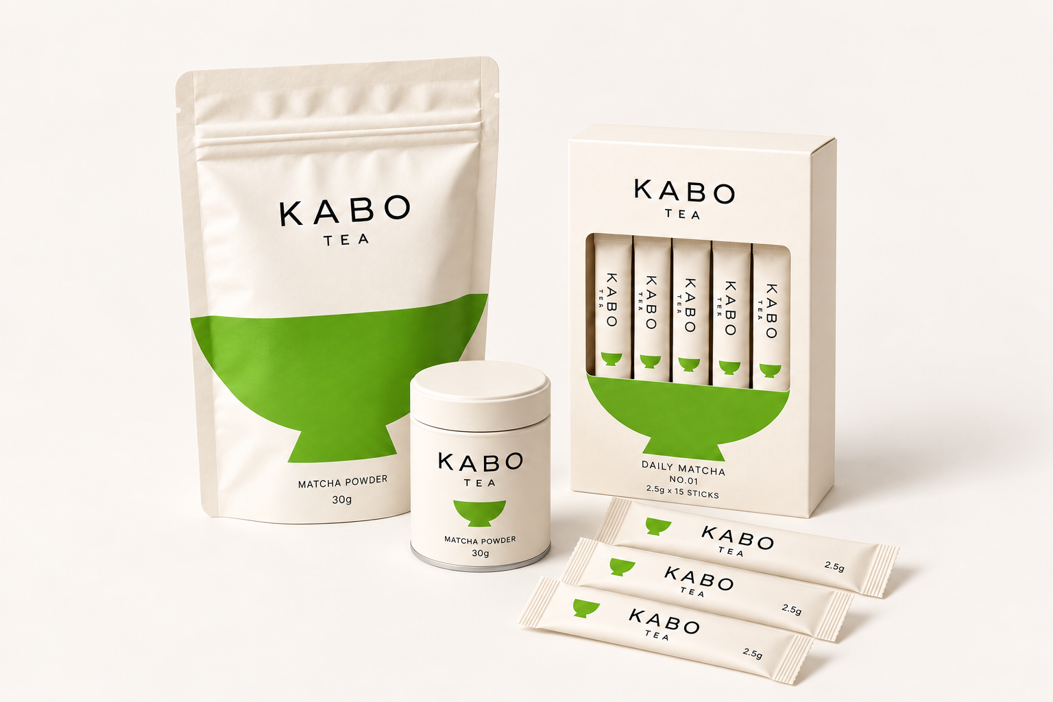 KABO 袋装抹茶、罐装抹茶和独立条包组合